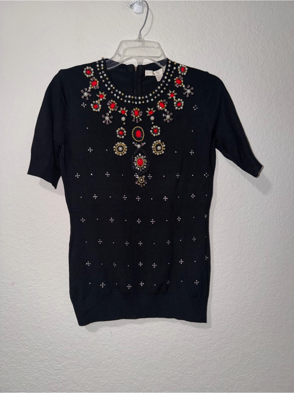 Boston Proper Black Short-Sleeve Embellished Jewel Knit Top